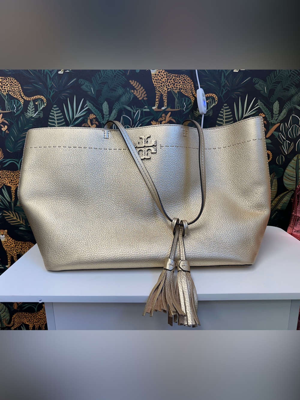 Tory Burch Metallic Champagne Leather Tote with Tassel